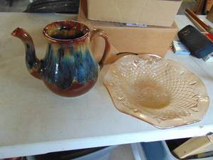 lot 3248 image: Signed pottery pitcher and glass bowl