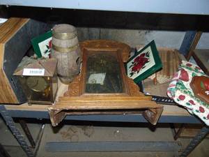 lot 3275 image: Shelf full of wooden items including clocks and primitives