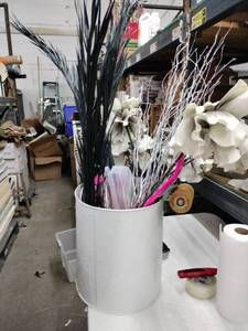 lot 24893 image: Decorative Tin with Faux Plants and Miscellaneous Items