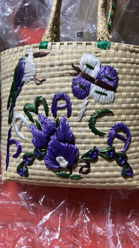lot 40427 image: Woven Straw Tote Bag with Embroidered Floral Design