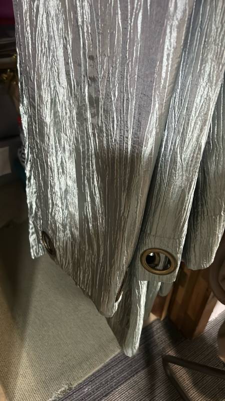 lot 40447 image: Sage Green Crinkle Taffeta Grommet Curtain Panels (2) and matching queen comforter and shams