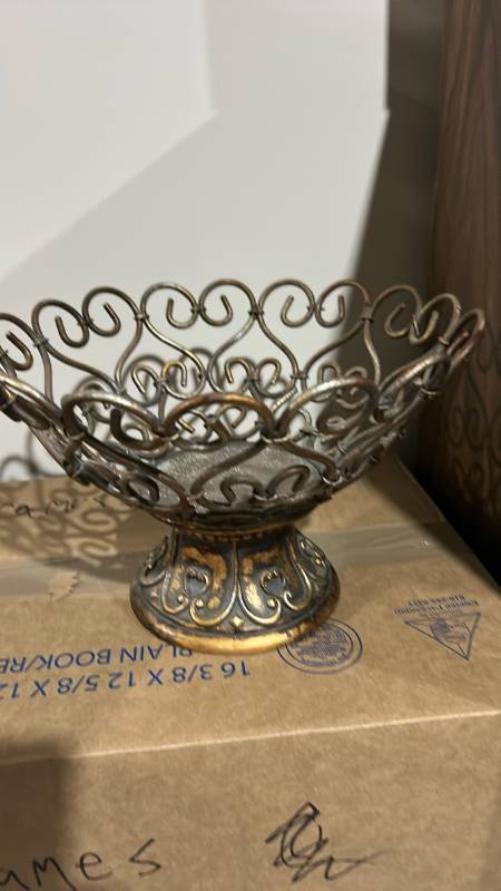 lot 40459 image: Decorative Metal Scrollwork Pedestal Bowl and decorative glass balls