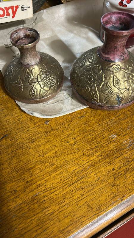 lot 40460 image: Pair of Brass Embossed Floral Bud Vases