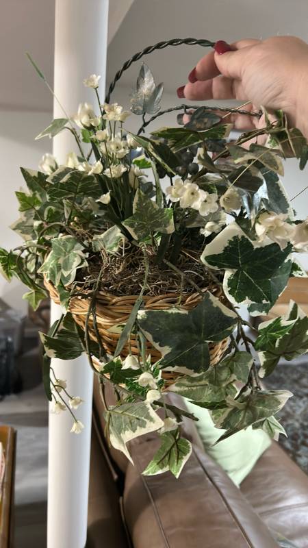 lot 40468 image: Wicker Basket with Artificial Ivy and White Flowers