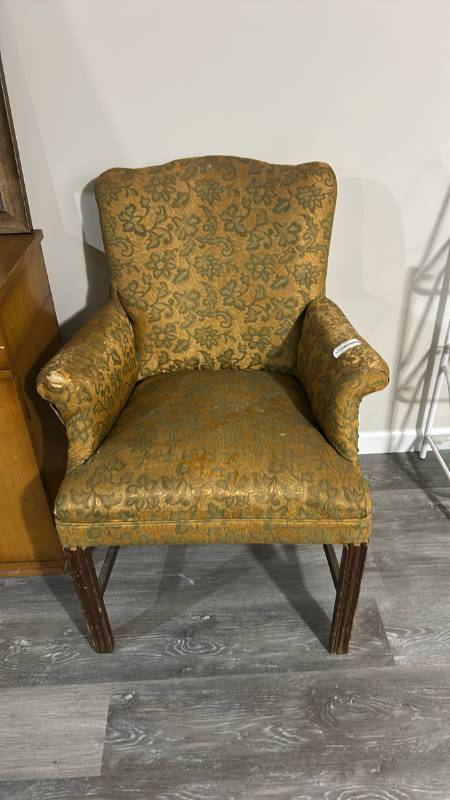 lot 60479 image: Gold Floral Damask Upholstered Armchair