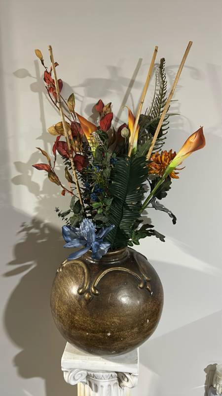lot 60503 image: Round Bronze Ceramic Vase with Silk Floral Arrangement