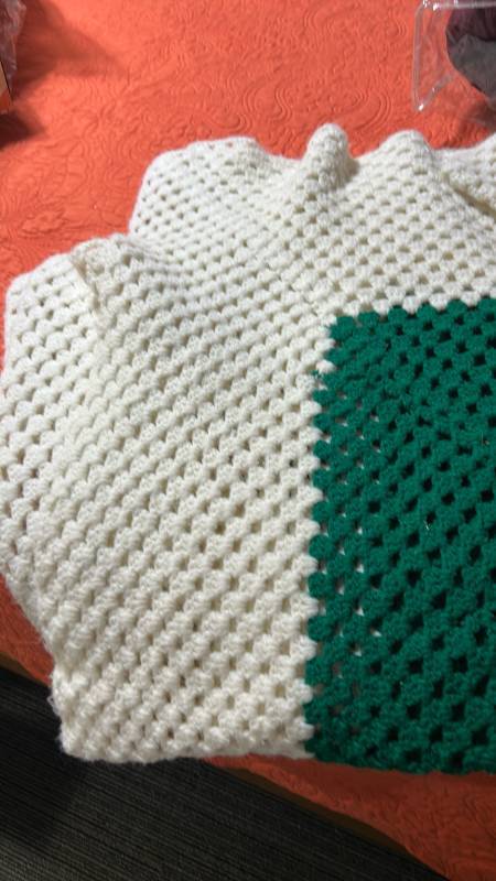 lot 60541 image: Hand Crocheted White and Green Afghan Throw Blanket with Christmas Tree Design
