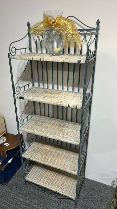 lot 60537 image: 5-Tier Wrought Iron and Wicker Bakers Rack Shelving Unit