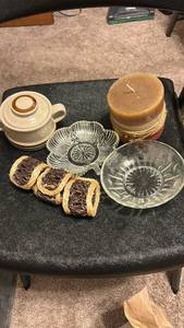 lot 6966 image: Mixed Tableware Lot Ceramic Tureen, Glass Bowls, Napkin Rings, Candle