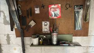 lot 7017 image: Mixed Hand Tools and Hardware Lot with Pegboard Accessories- pegboard NOT included