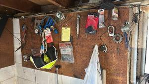 lot 7022 image: Pegboard Workshop Tool Lot With Hand Tools Wrenches Headphones Hardware - pegboard NOT included