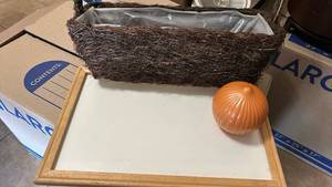 lot 7074 image: Woven Basket Planter with Metal Liner and Orange Ceramic Orb