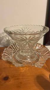 lot 6956 image: Clear Glass Pedestal Compote Bowl with Star and Fruit Motif platter