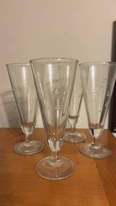 lot 6957 image: Set of 4 Etched Glass Footed Beverage Glasses with Curved Design