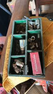 lot 7045 image: Divided Green Wood Organizer Box with Socket Bits Fasteners and Standard Motor Products Box