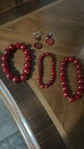 lot 60077 image: Red Beaded Bracelet and Earring Set with Hook Earwires