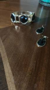lot 60079 image: Silver Tone Ring and Earring Set with Black Faceted Stones