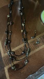 lot 60099 image: Black Beaded Necklace and Earring Set with Metal Accents