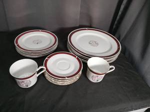lot 7087 image: Porcelain Dinnerware Set Red Band Floral 2 Cups Saucers Plates