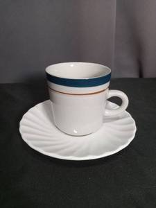 lot 7091 image: Porcelain Cup and Saucer Set with Blue and Red Stripe