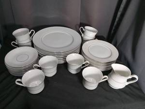lot 7092 image: White Dinnerware Set with Gray Trim Plates Cups Saucers Serving Pieces
