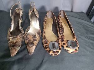lot 7098 image: Antonio Melani Womens Heels 2 Pair Lot Size 9M Leopard Print Slingback Pumps