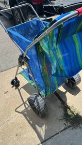lot 500 image: Folding Utility Cart with Blue Mesh Basket and Striped Fabric Sides