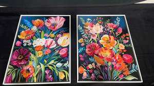 lot 7750 image: Framed Floral Art Prints Set of 2 Colorful Flower Illustrations
