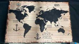 lot 7751 image: World Map Wall Art with Nautical Compass and Ocean Labels