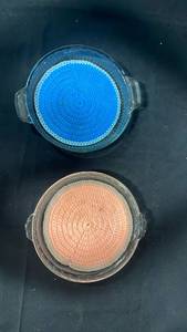 lot 7783 image: Crochet Bowl Coasters 2-Piece Set Blue Peach