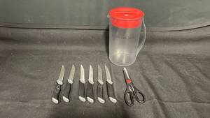 lot 7797 image: Kitchen Knife Set 6 Steak Knives Scissors Pitcher Red Lid