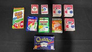 lot 7826 image: Board Games Lot Skip-Bo, Cuddy, Phase 10, Monopoly Deal, 4 Bicycle Card Decks