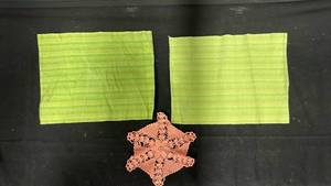 lot 7857 image: Green Striped Placemats and Pink Lace Doily Set of 3