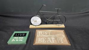 lot 7860 image: Bicycle Table Clock with Wood Base and Metal Frame
