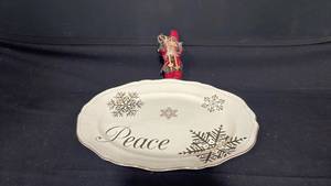 lot 7865 image: Holiday Decorative Plate with Snowflake Design and Figurine Ornament