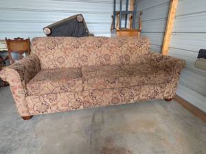 lot 28 image: 84 in. Upholstered Sofa with Scrolled Floral Pattern and Wood Feet