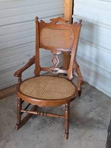 lot 37 image: Antique Wood Rocking Chair with Hand Woven Seat and Back