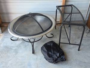 lot 44 image: Outdoor Fire Pit Bowl with Mesh Screen, Black Metal Bench, and Pit Cover (Unused)