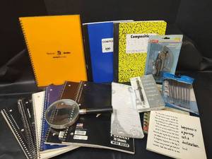 lot 349 image: Notebooks, Compass with Protractor, Pens and Magnifying Glass