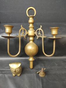 lot 372 image: Vintage Brass Candelabra with Owl Figure and Bell