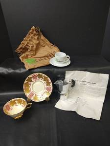 lot 373 image: Vintage Aluminium Espresso Coffee Maker with Royal Stafford Teacup Saucer and Cubavera Cup and Saucer