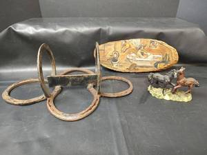 lot 377 image: Horseshoe Boot Scraper, Wood Wall Hanging and Horse Figurine