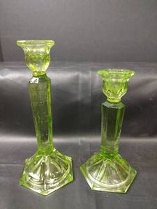 lot 426 image: Green Glass Candlesticks