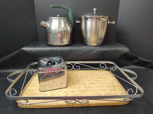 lot 520 image: Tray with Woven Insert with Stainless Ice Bucket, Coffee Pot and Coffee Container
