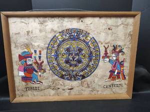 lot 522 image: Framed Aztec Calendar Art Print with Tlaloc and Centeotl Figures, 23.75 x 17