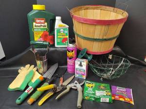 lot 546 image: Garden Tools and Supplies with Basket