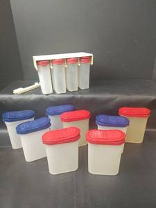 lot 554 image: Tupperware Plastic Spice Rack Shakers with Hanging  Rack