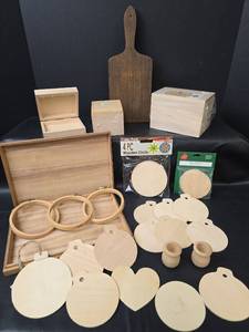 lot 593 image: Wood Craft Supplies - Boxes, Circles, Hoops, CuttingBoard, and Ornaments