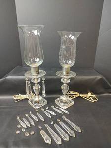lot 643 image: Vintage Crystal Candelabra Lamps with Prism Pendants and Hurricane Shades, Tested