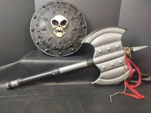 lot 644 image: The Vampire Diaries TVD Skull and Crossbone Shield with Plastic Dble Sided Warrior Ax